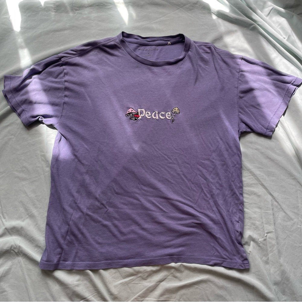 Pacsun Basics purple tee embroider with “Peace” and muchsroms